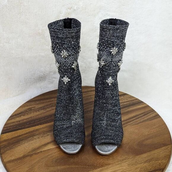 Badgley Mischka Viva Peep Toe Sock Bootie Heels Women’s Size 6.5 Black Silver - Picture 3 of 15